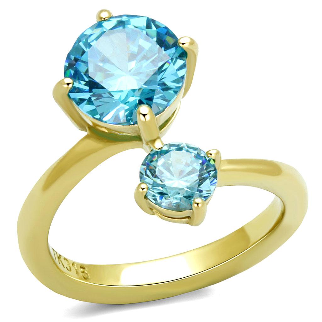 TK3092 - IP Gold(Ion Plating) Stainless Steel Ring with AAA Grade CZ  in Sea Blue-0