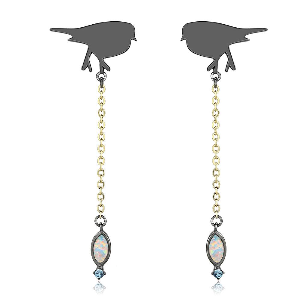 TK3098 - IP Gold+ IP Black (Ion Plating) Stainless Steel Earrings with Semi-Precious Opal in Aurora Borealis (Rainbow Effect)-0