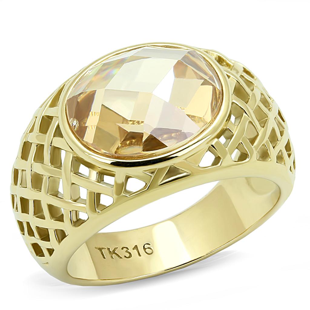 TK3122 - IP Gold(Ion Plating) Stainless Steel Ring with AAA Grade CZ  in Champagne-0