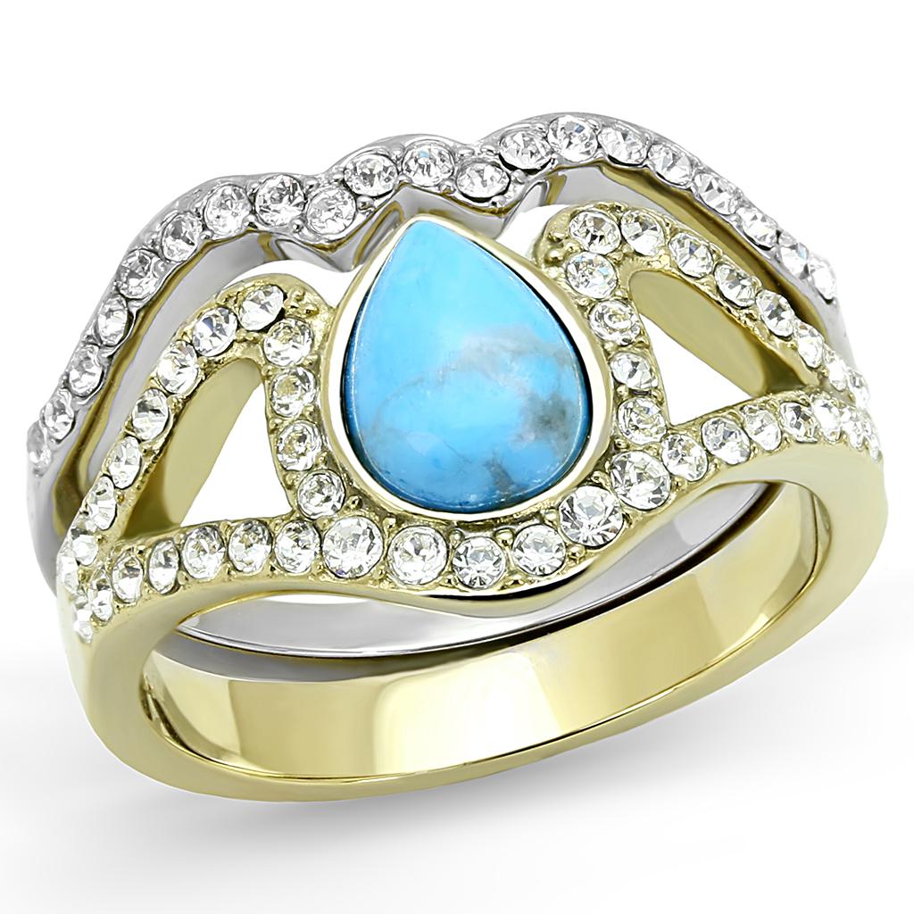 TK3124 - Two-Tone IP Gold (Ion Plating) Stainless Steel Ring with Synthetic Turquoise in Turquoise-0