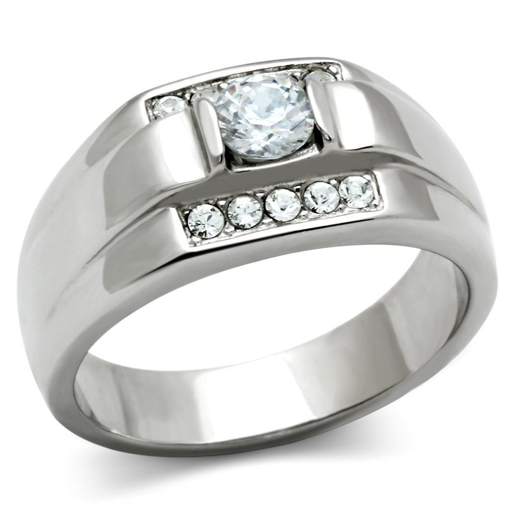 TK314 - High polished (no plating) Stainless Steel Ring with AAA Grade CZ  in Clear-0