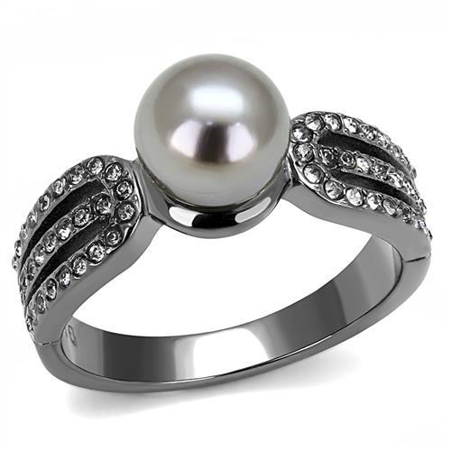 TK3170 - IP Light Black  (IP Gun) Stainless Steel Ring with Synthetic Pearl in Gray-0