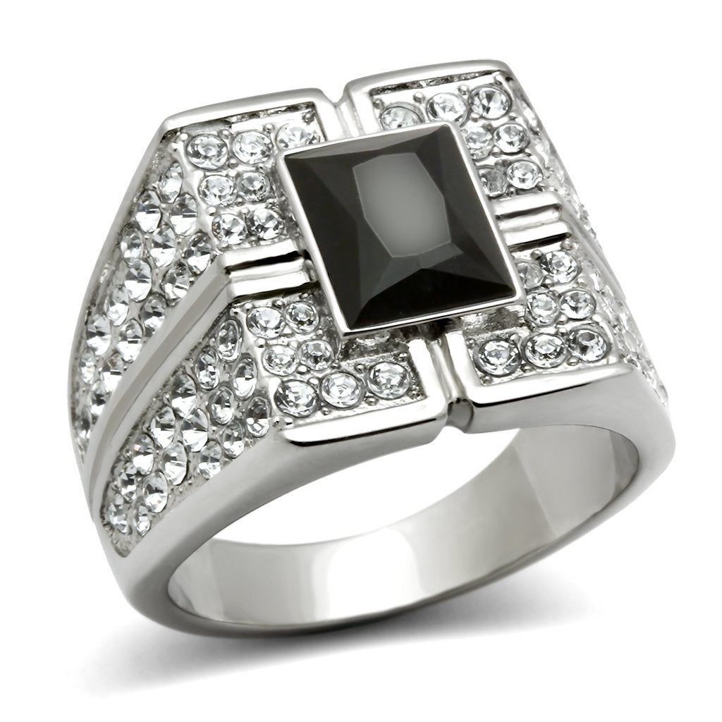 TK320 - High polished (no plating) Stainless Steel Ring with Synthetic Synthetic Glass in Jet-0