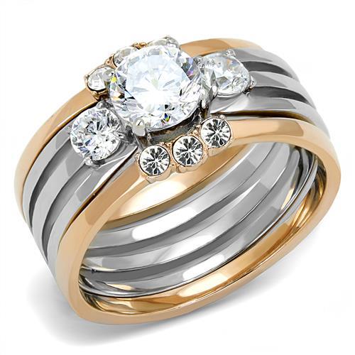 TK3212 - Two-Tone IP Rose Gold Stainless Steel Ring with AAA Grade CZ  in Clear-0
