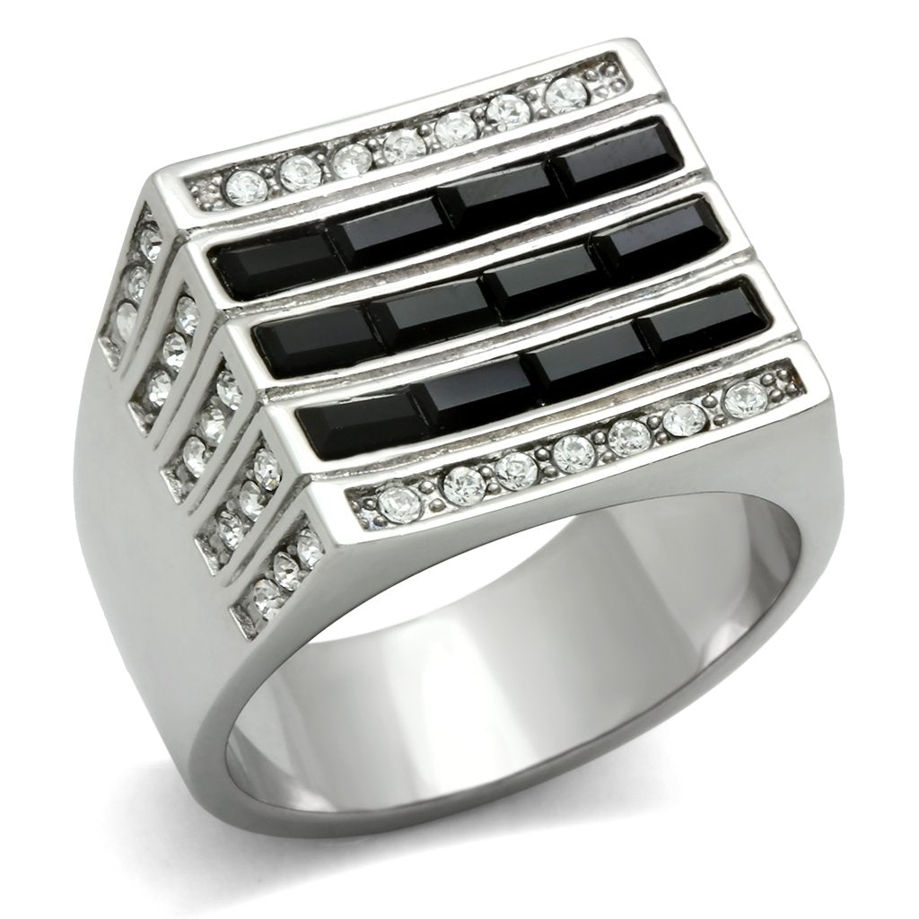 TK321 - High polished (no plating) Stainless Steel Ring with Top Grade Crystal  in Jet-0