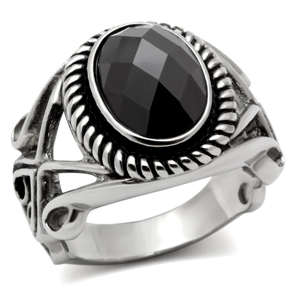 TK322 - High polished (no plating) Stainless Steel Ring with AAA Grade CZ  in Black Diamond-0