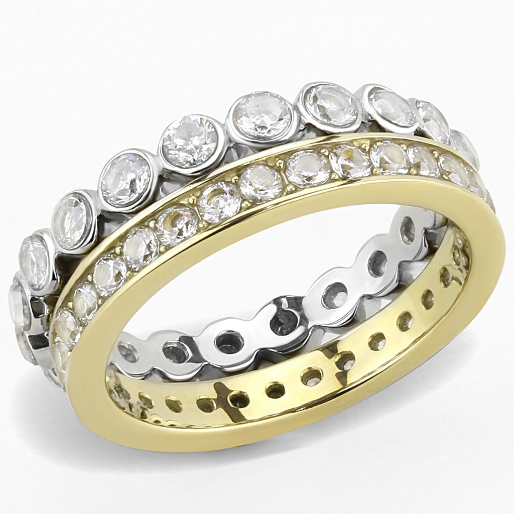 TK3232 - Two-Tone IP Gold (Ion Plating) Stainless Steel Ring with AAA Grade CZ  in Clear-0