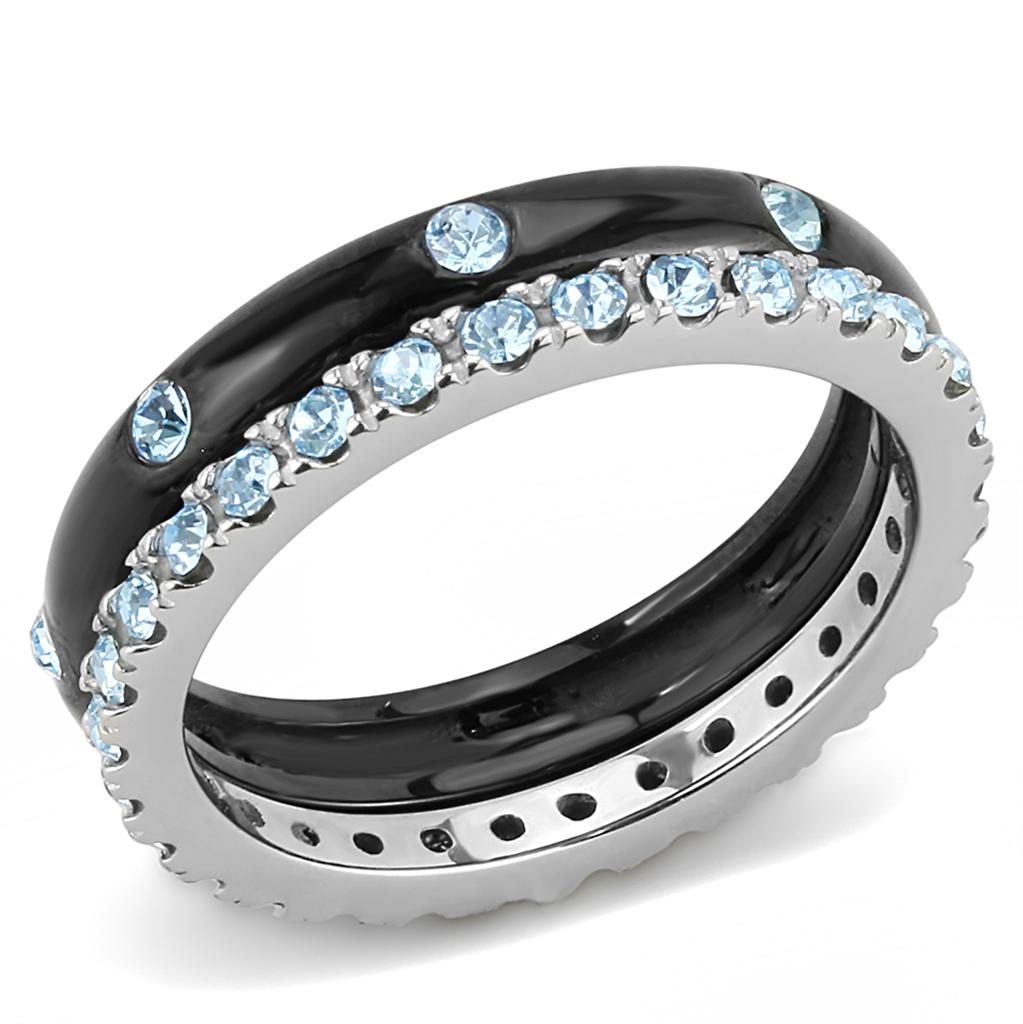 TK3233 - Two-Tone IP Black (Ion Plating) Stainless Steel Ring with Top Grade Crystal  in Sea Blue-0