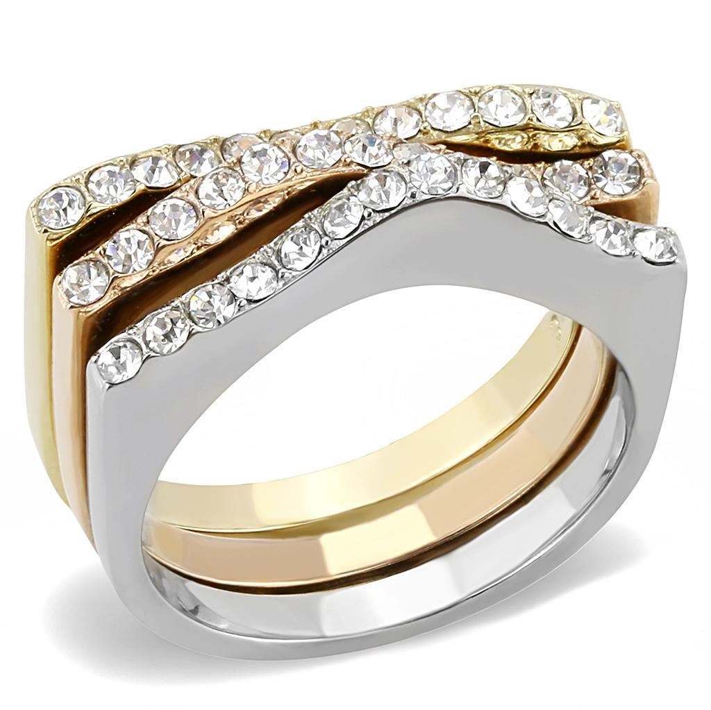 TK3234 - Three Tone (IP Gold & IP Rose Gold & High Polished) Stainless Steel Ring with Top Grade Crystal  in Clear-0