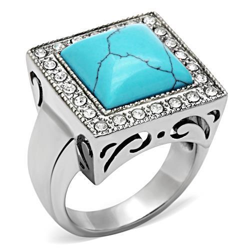 TK323 - High polished (no plating) Stainless Steel Ring with Synthetic Turquoise in Sea Blue-0