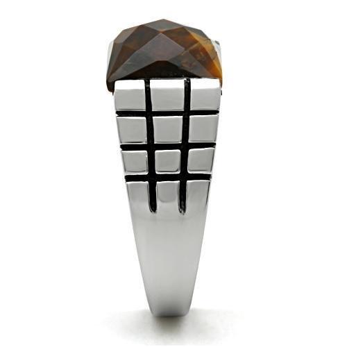 TK324 - High polished (no plating) Stainless Steel Ring with Semi-Precious Tiger Eye in Smoked Quartz-3
