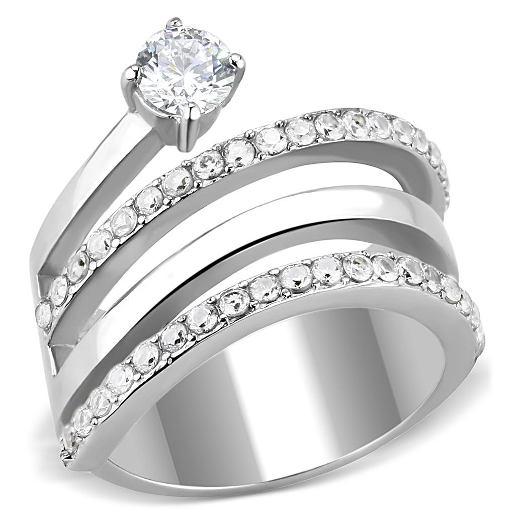TK3254 - High polished (no plating) Stainless Steel Ring with AAA Grade CZ  in Clear-0