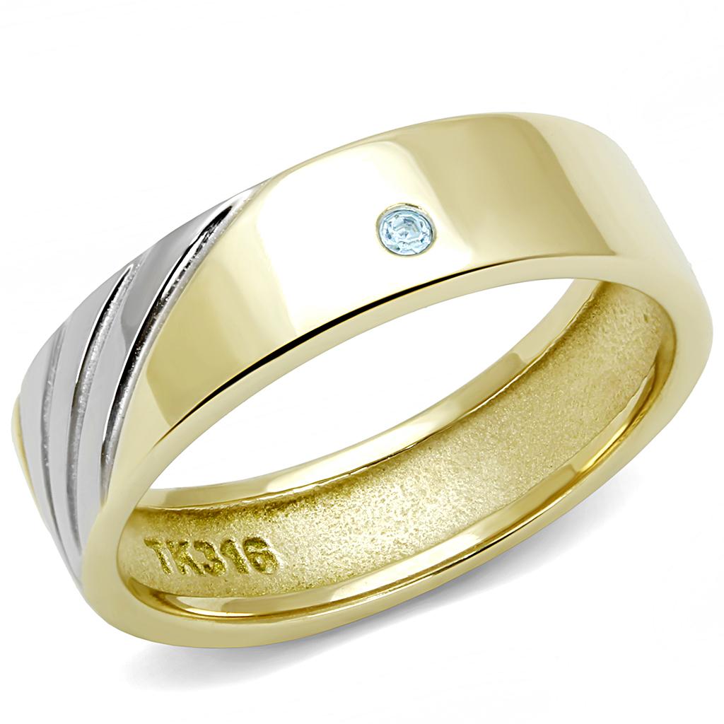 TK3267 - Two-Tone IP Gold (Ion Plating) Stainless Steel Ring with Top Grade Crystal  in Sea Blue-0