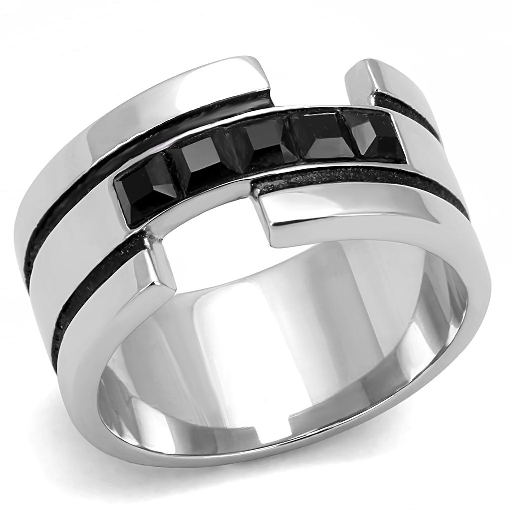 TK3284 - High polished (no plating) Stainless Steel Ring with Top Grade Crystal  in Jet-0