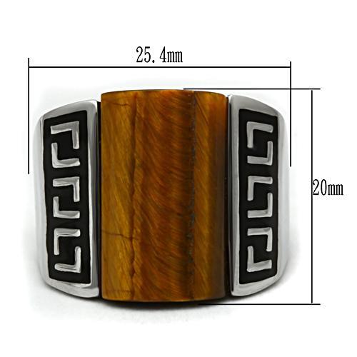 TK328 - High polished (no plating) Stainless Steel Ring with Semi-Precious Tiger Eye in Smoked Quartz-1