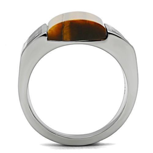 TK328 - High polished (no plating) Stainless Steel Ring with Semi-Precious Tiger Eye in Smoked Quartz-2