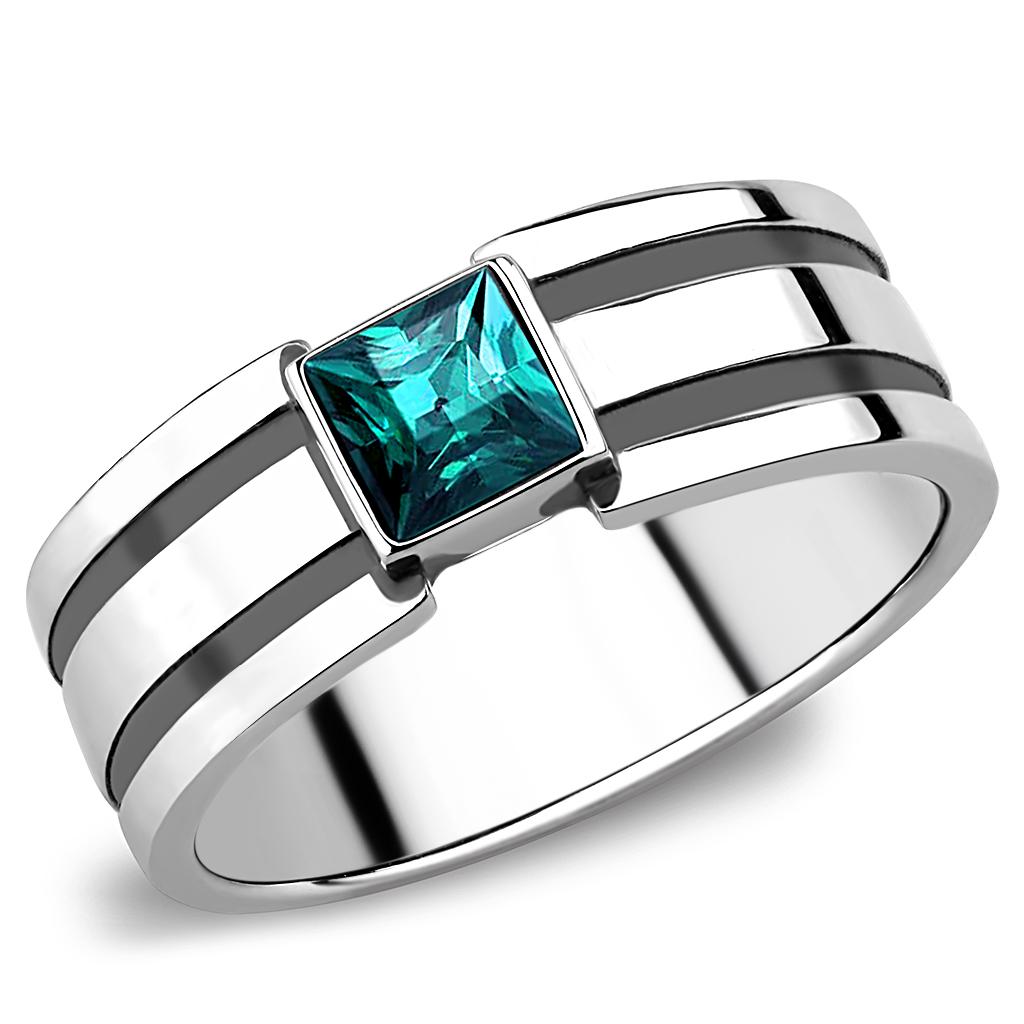 TK3291 - High polished (no plating) Stainless Steel Ring with Top Grade Crystal  in Blue Zircon-0