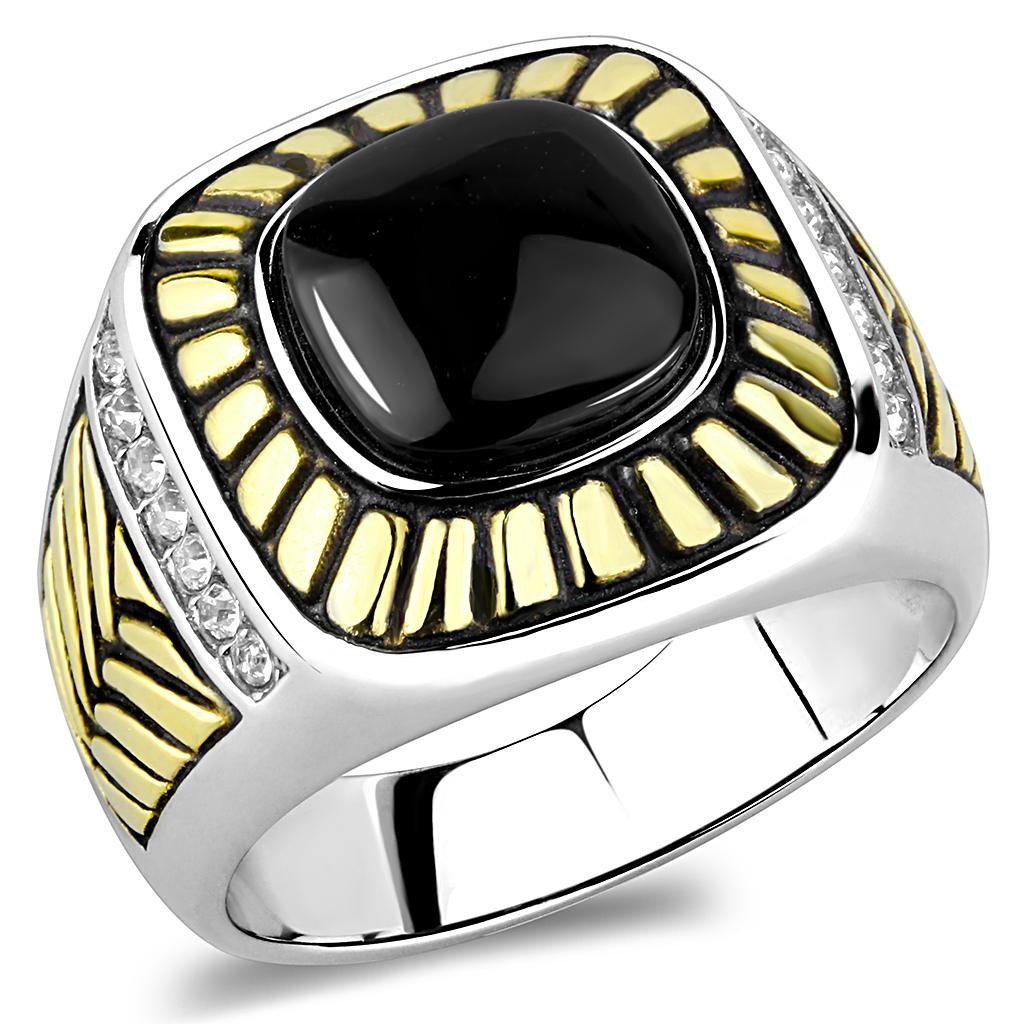 TK3294 - Two-Tone IP Gold (Ion Plating) Stainless Steel Ring with Synthetic Onyx in Jet-0