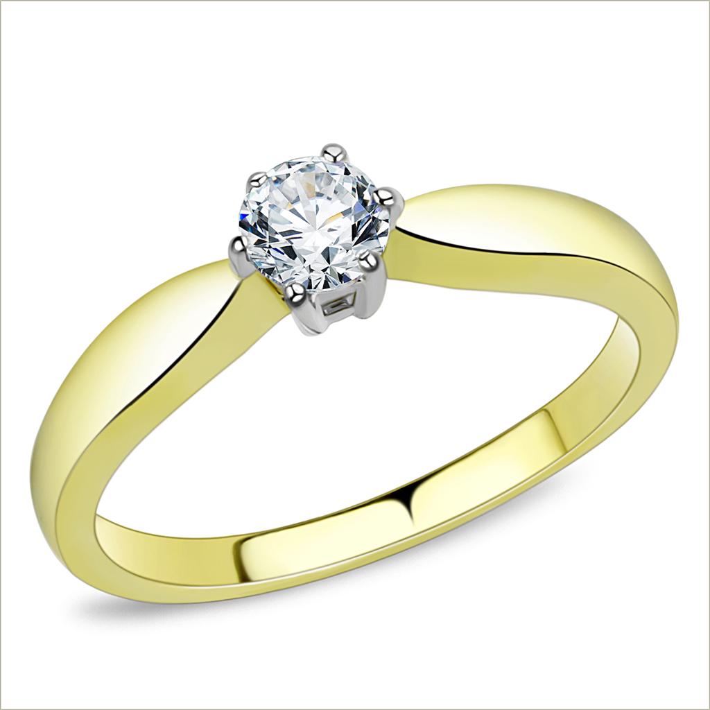 TK3440 - Two-Tone IP Gold (Ion Plating) Stainless Steel Ring with AAA Grade CZ  in Clear-0