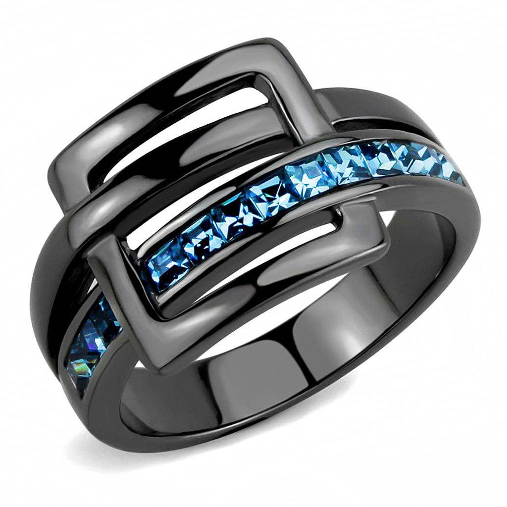 TK3451 - IP Light Black  (IP Gun) Stainless Steel Ring with Top Grade Crystal  in Sea Blue-0