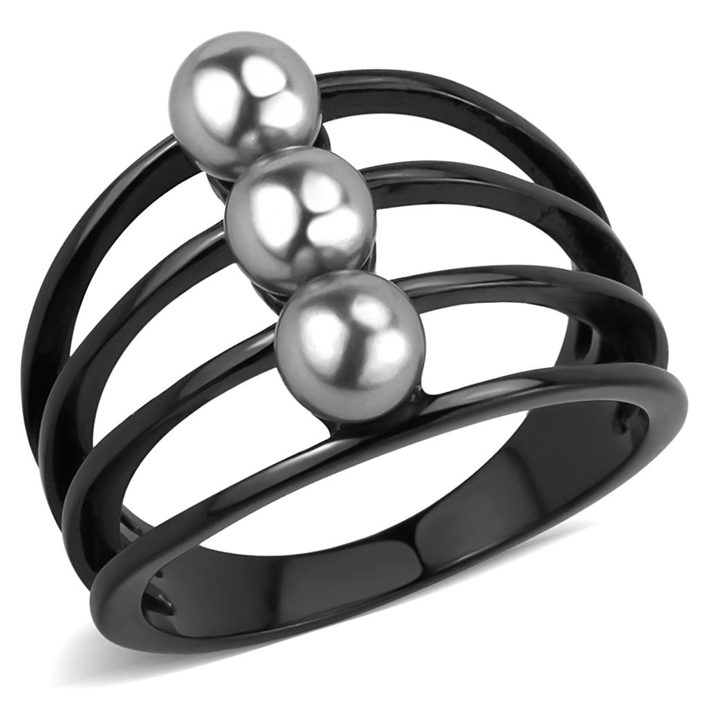 TK3454 - IP Black(Ion Plating) Stainless Steel Ring with Synthetic Pearl in Gray-0