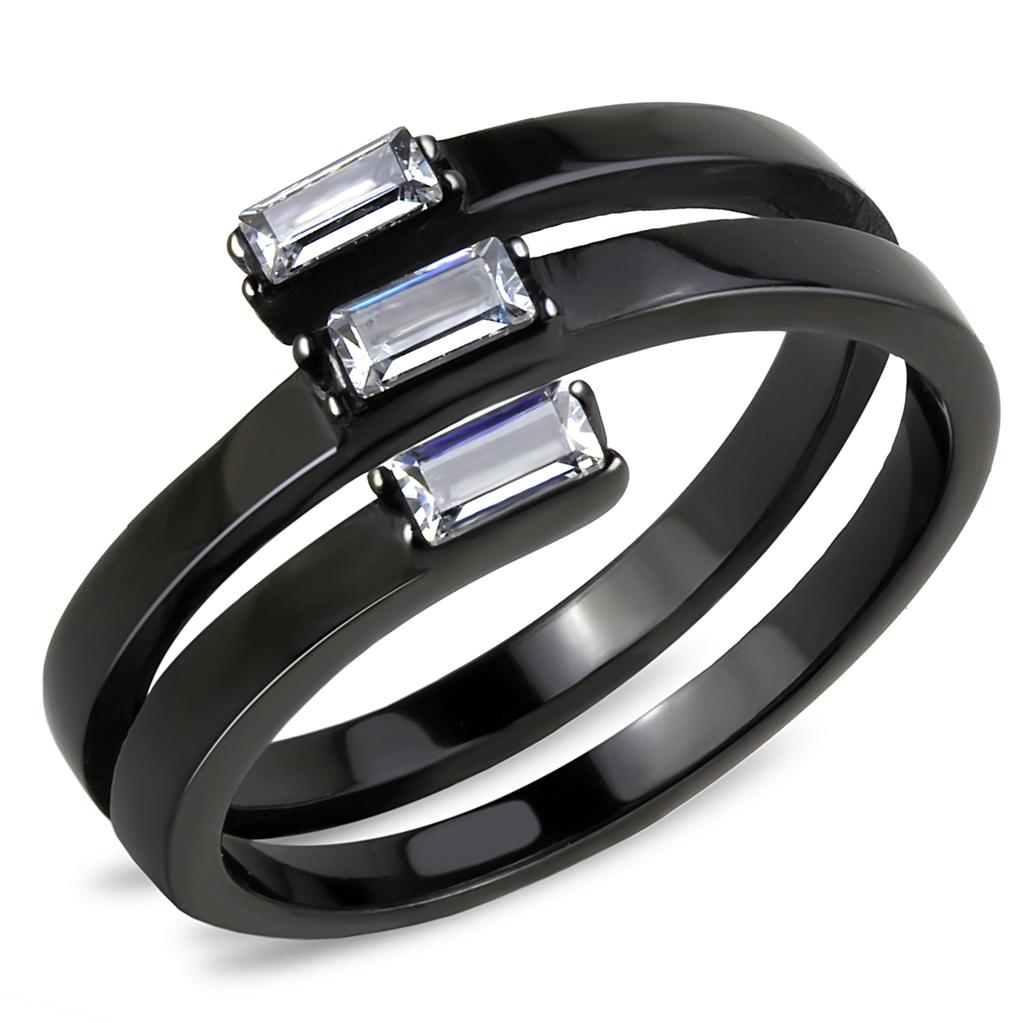 TK3455 - IP Black(Ion Plating) Stainless Steel Ring with AAA Grade CZ  in Clear-0
