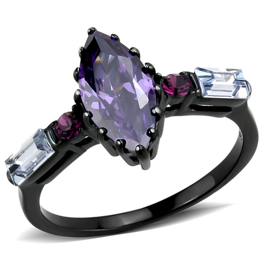 TK3456 - IP Black(Ion Plating) Stainless Steel Ring with AAA Grade CZ  in Amethyst-0