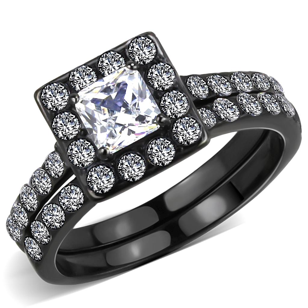 TK3458 - IP Black(Ion Plating) Stainless Steel Ring with AAA Grade CZ  in Clear-0
