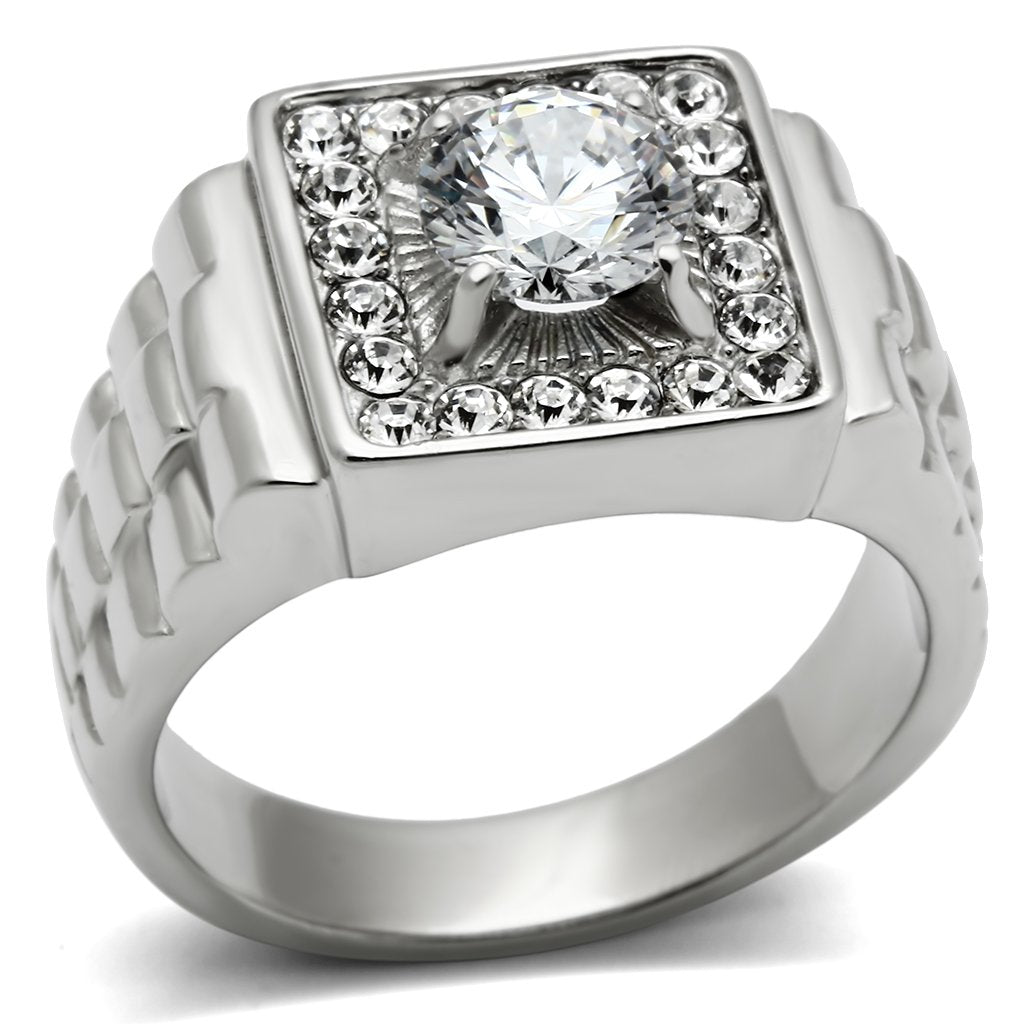TK347 - High polished (no plating) Stainless Steel Ring with AAA Grade CZ  in Clear-0