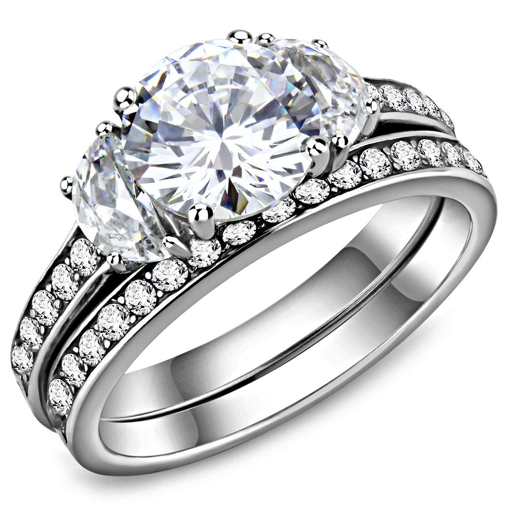 TK3509 - High polished (no plating) Stainless Steel Ring with AAA Grade CZ  in Clear-0