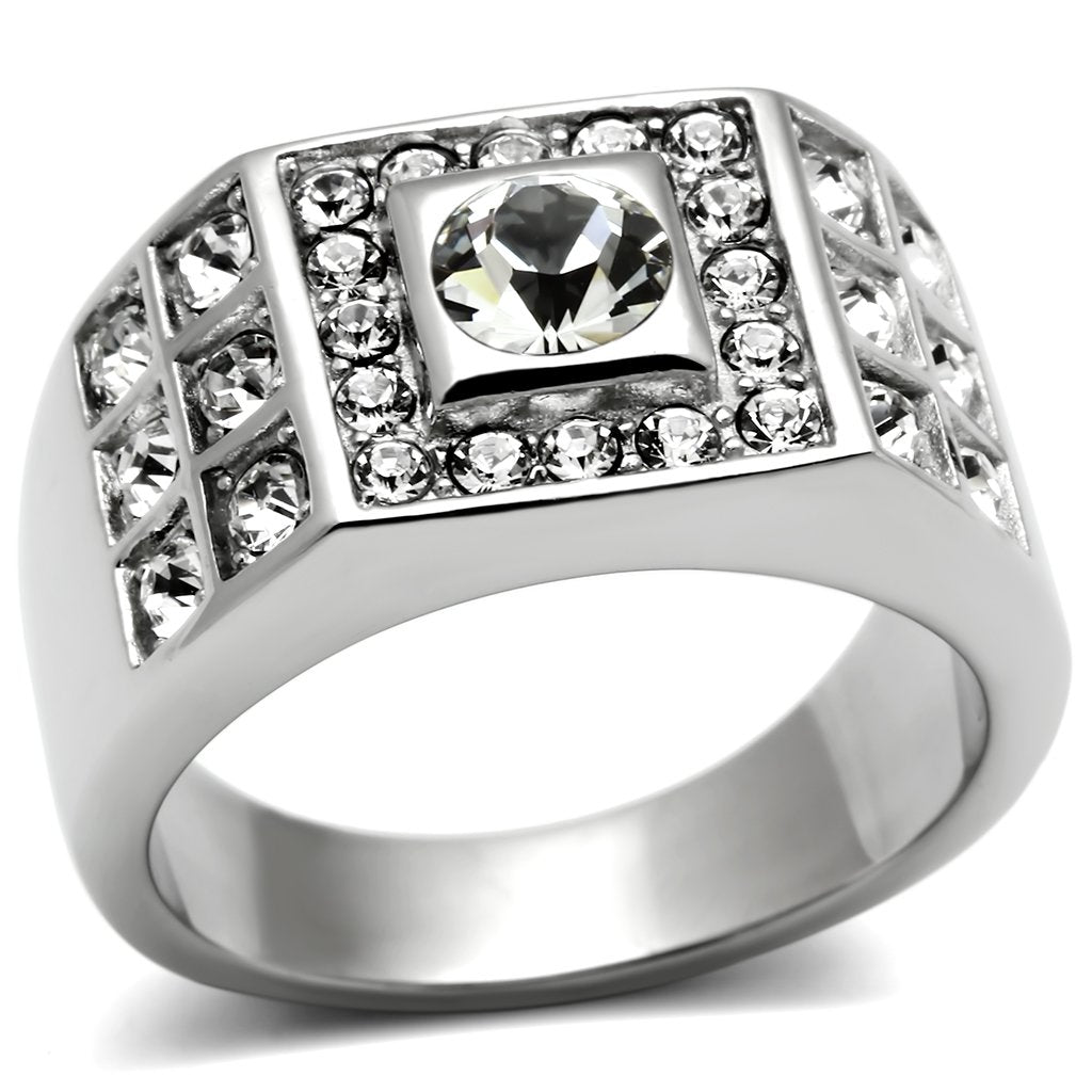 TK350 - High polished (no plating) Stainless Steel Ring with Top Grade Crystal  in Clear-0
