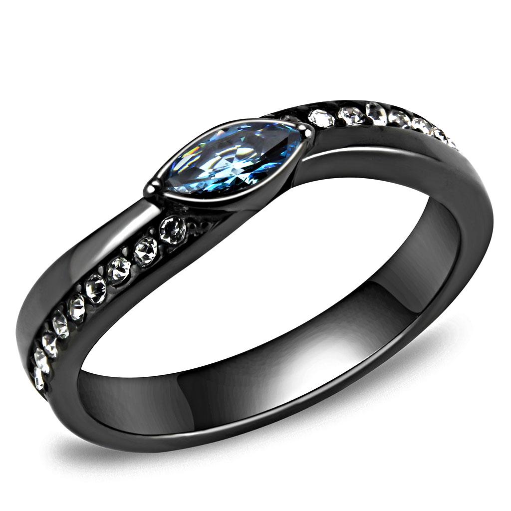 TK3511 - IP Light Black  (IP Gun) Stainless Steel Ring with AAA Grade CZ  in Sea Blue-0