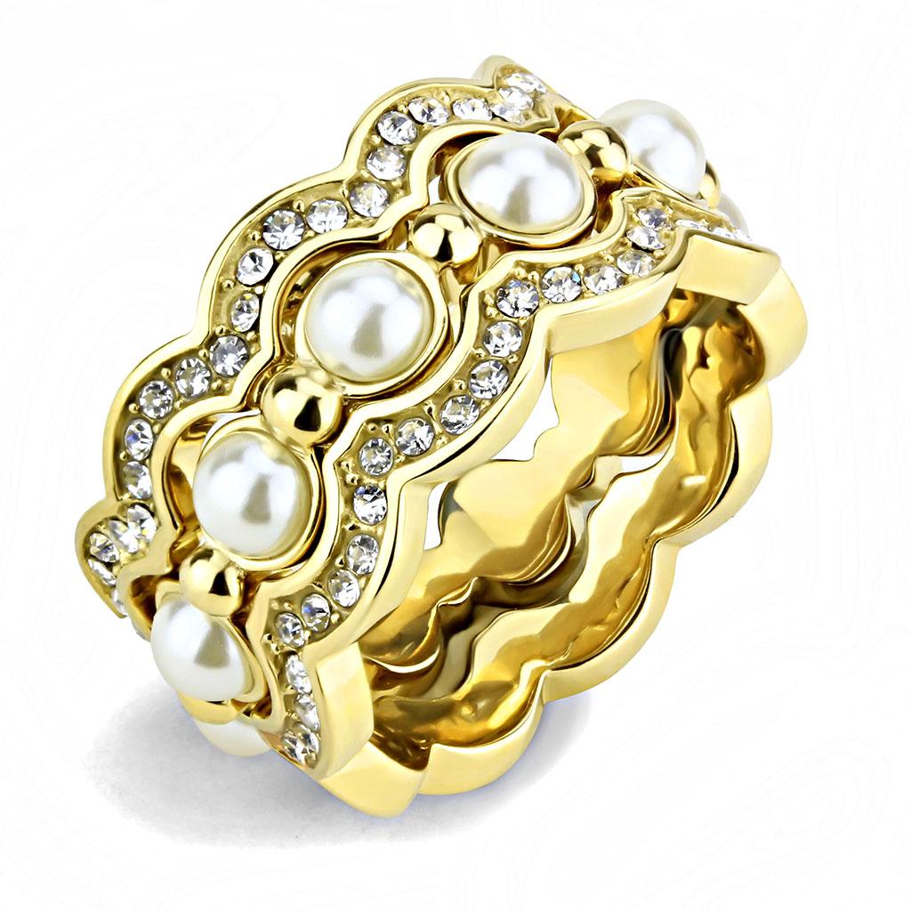 TK3520 - IP Gold(Ion Plating) Stainless Steel Ring with Synthetic Pearl in White-0