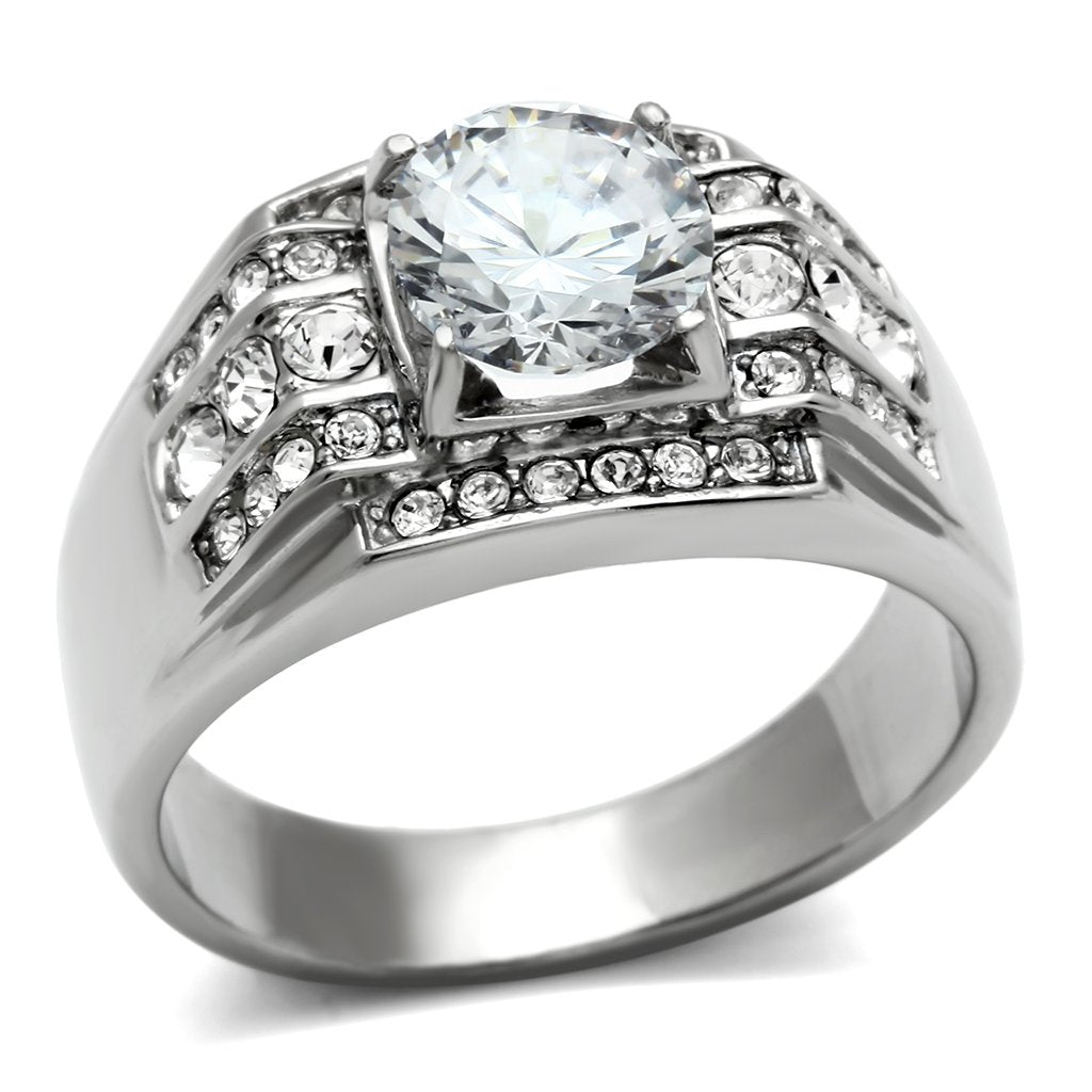 TK352 - High polished (no plating) Stainless Steel Ring with AAA Grade CZ  in Clear-0