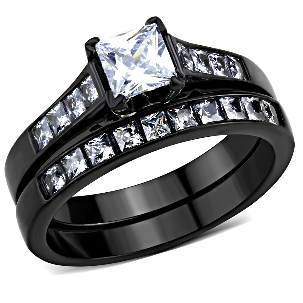 TK3555 - IP Black(Ion Plating) Stainless Steel Ring with AAA Grade CZ  in Clear-0