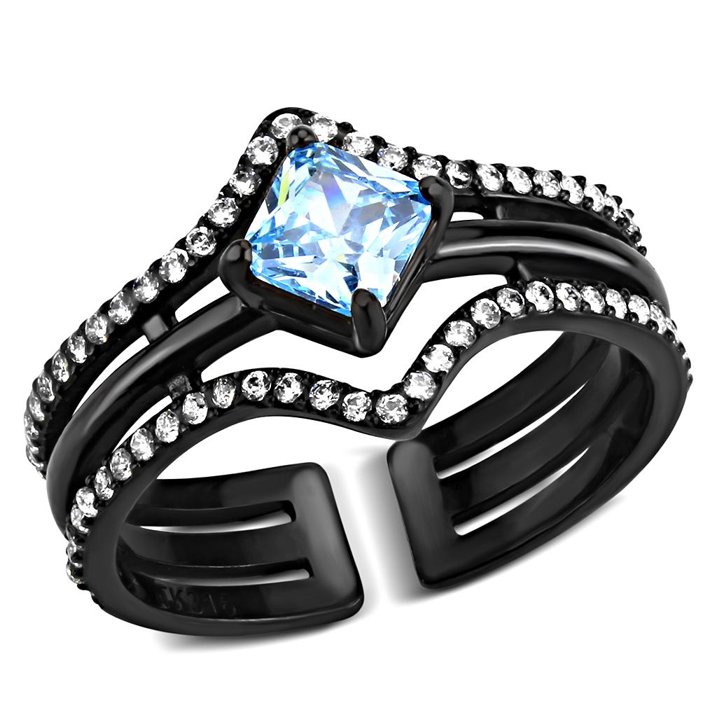 TK3562 - IP Black(Ion Plating) Stainless Steel Ring with AAA Grade CZ  in Sea Blue-0