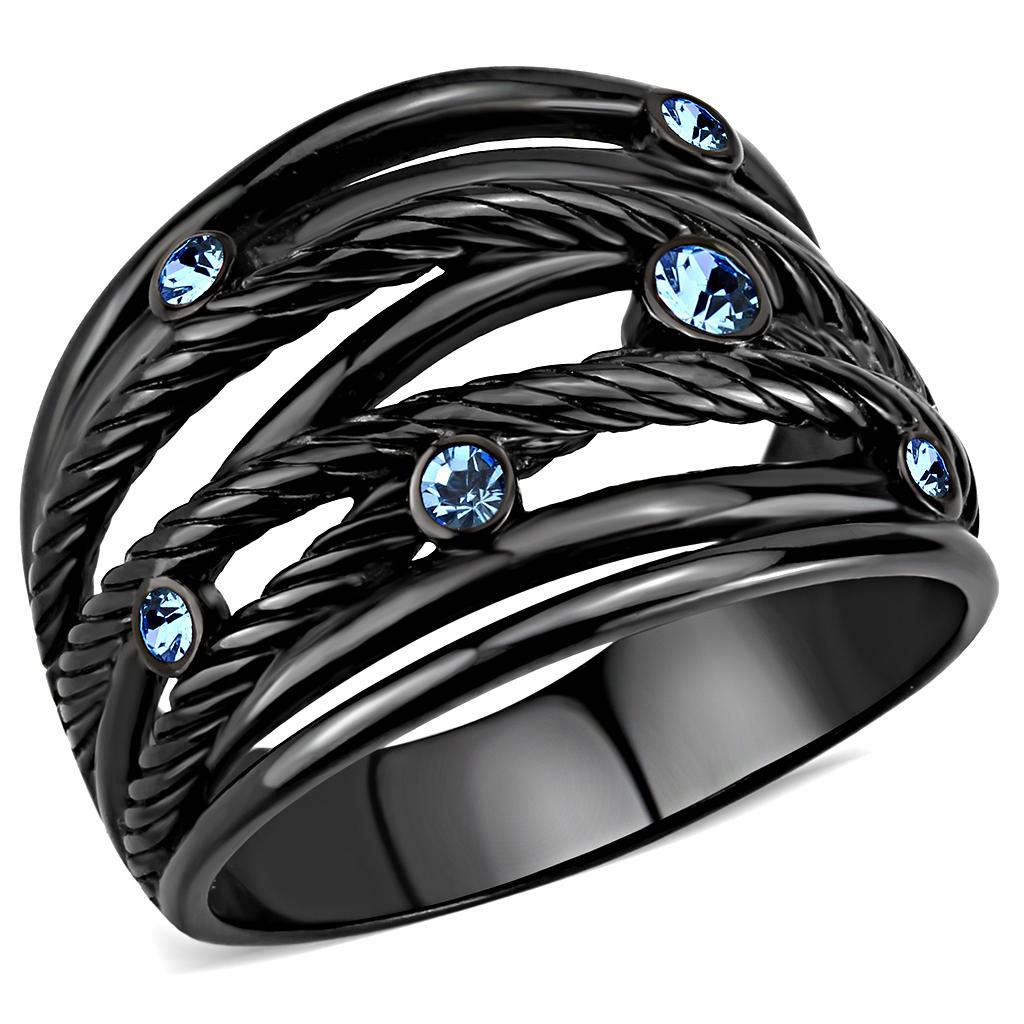 TK3564 - IP Black(Ion Plating) Stainless Steel Ring with Top Grade Crystal  in Sea Blue-0