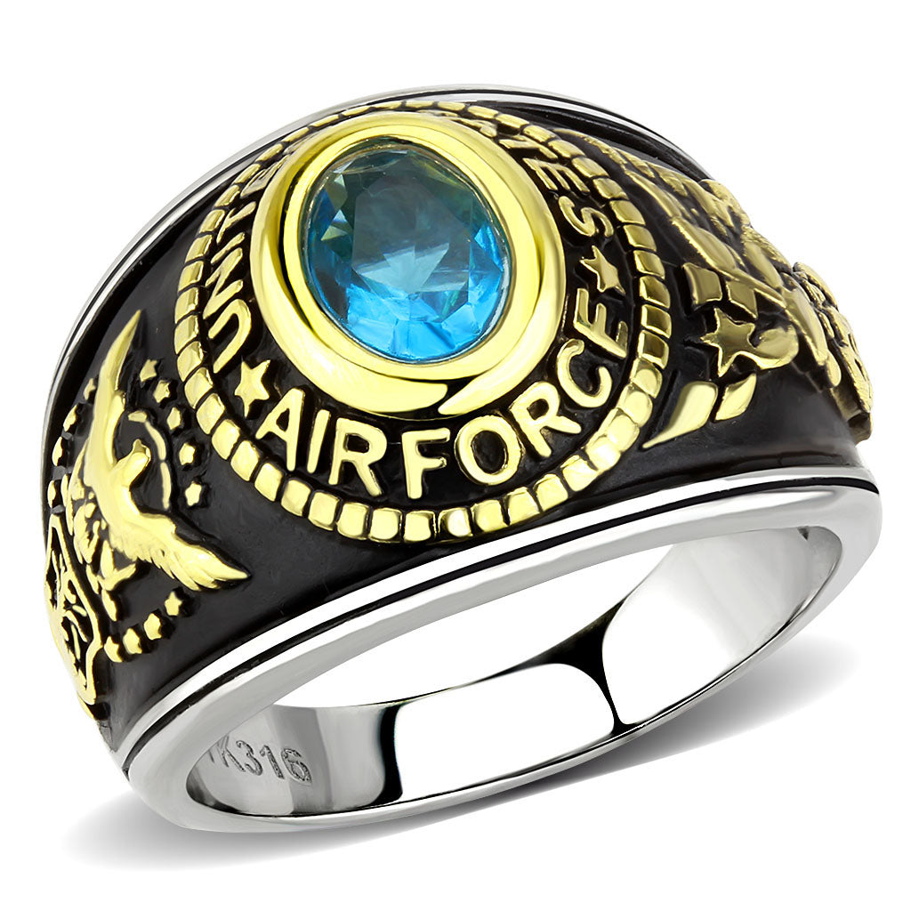 TK3725 - Two-Tone IP Gold (Ion Plating) Stainless Steel Ring with Synthetic Synthetic Glass in Sea Blue-0