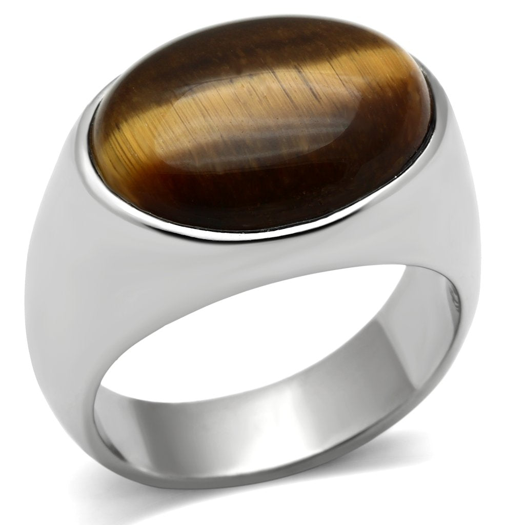 TK378 - High polished (no plating) Stainless Steel Ring with Semi-Precious Tiger Eye in Topaz-0
