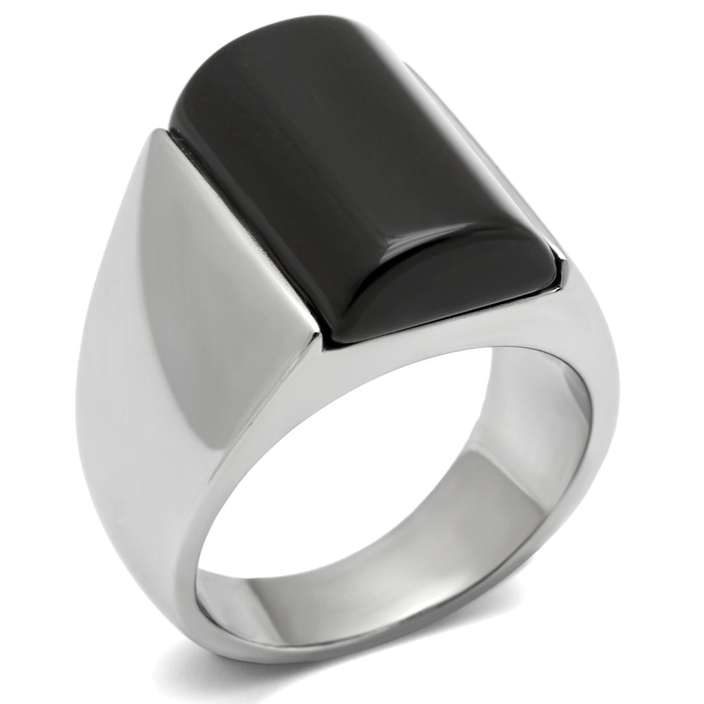 TK379 - High polished (no plating) Stainless Steel Ring with Semi-Precious Onyx in Jet-0
