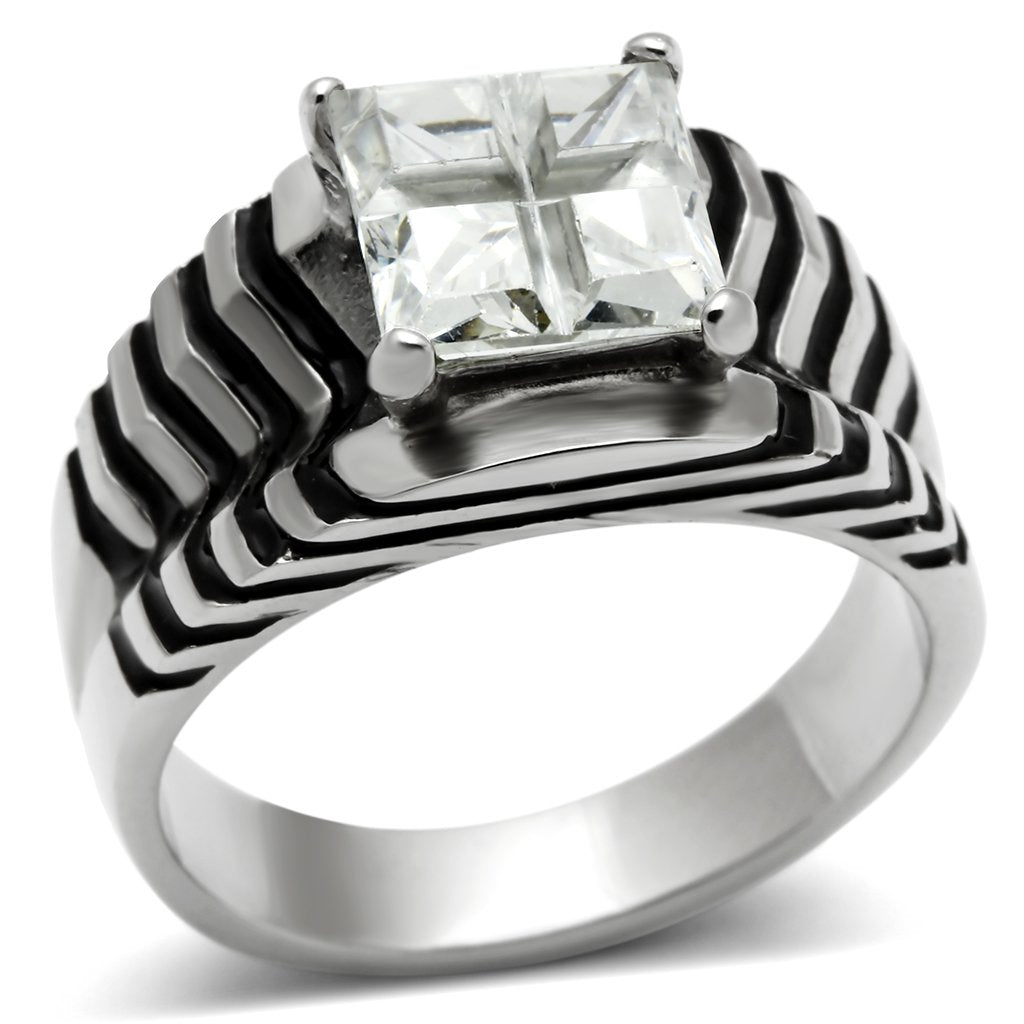 TK393 - High polished (no plating) Stainless Steel Ring with AAA Grade CZ  in Clear-0