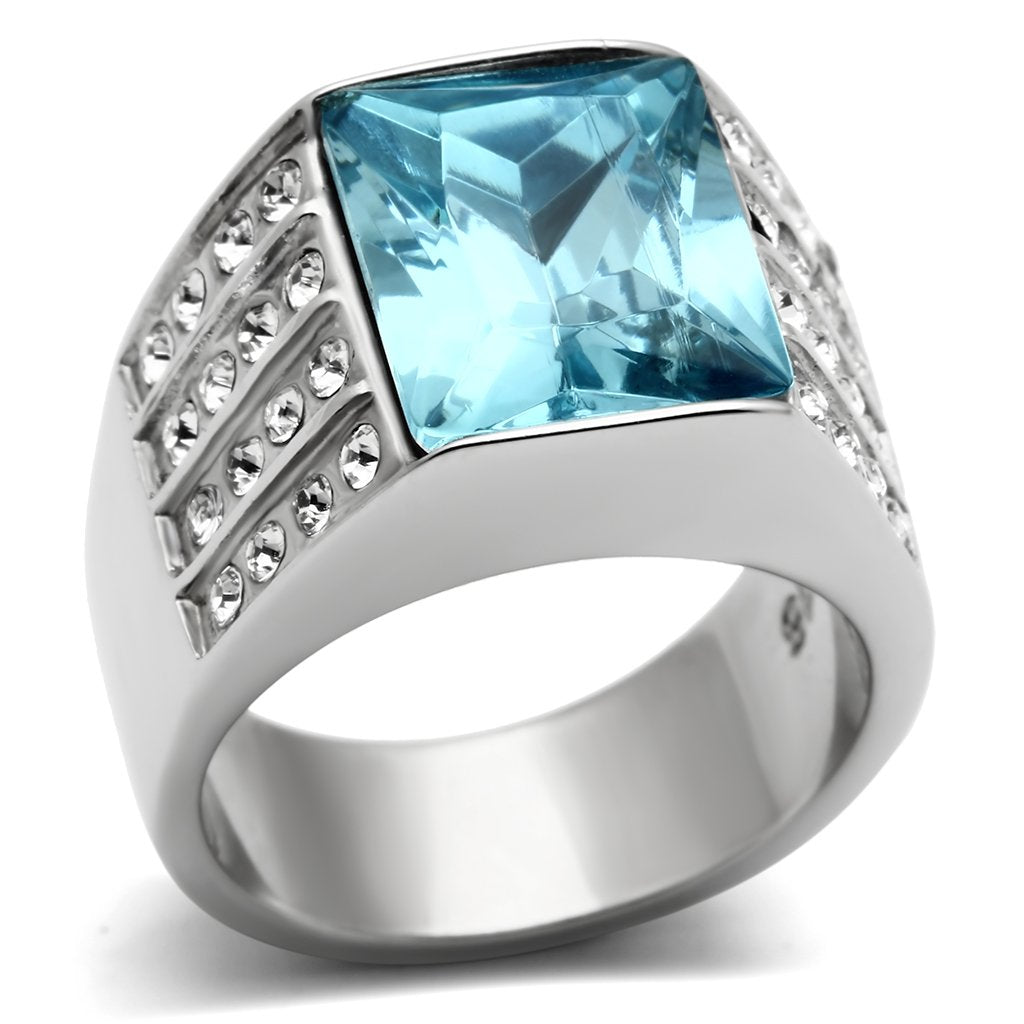 TK394 - High polished (no plating) Stainless Steel Ring with Synthetic Synthetic Glass in Sea Blue-0