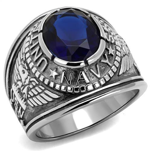 TK414707 - High polished (no plating) Stainless Steel Ring with Synthetic Synthetic Glass in Sapphire-0