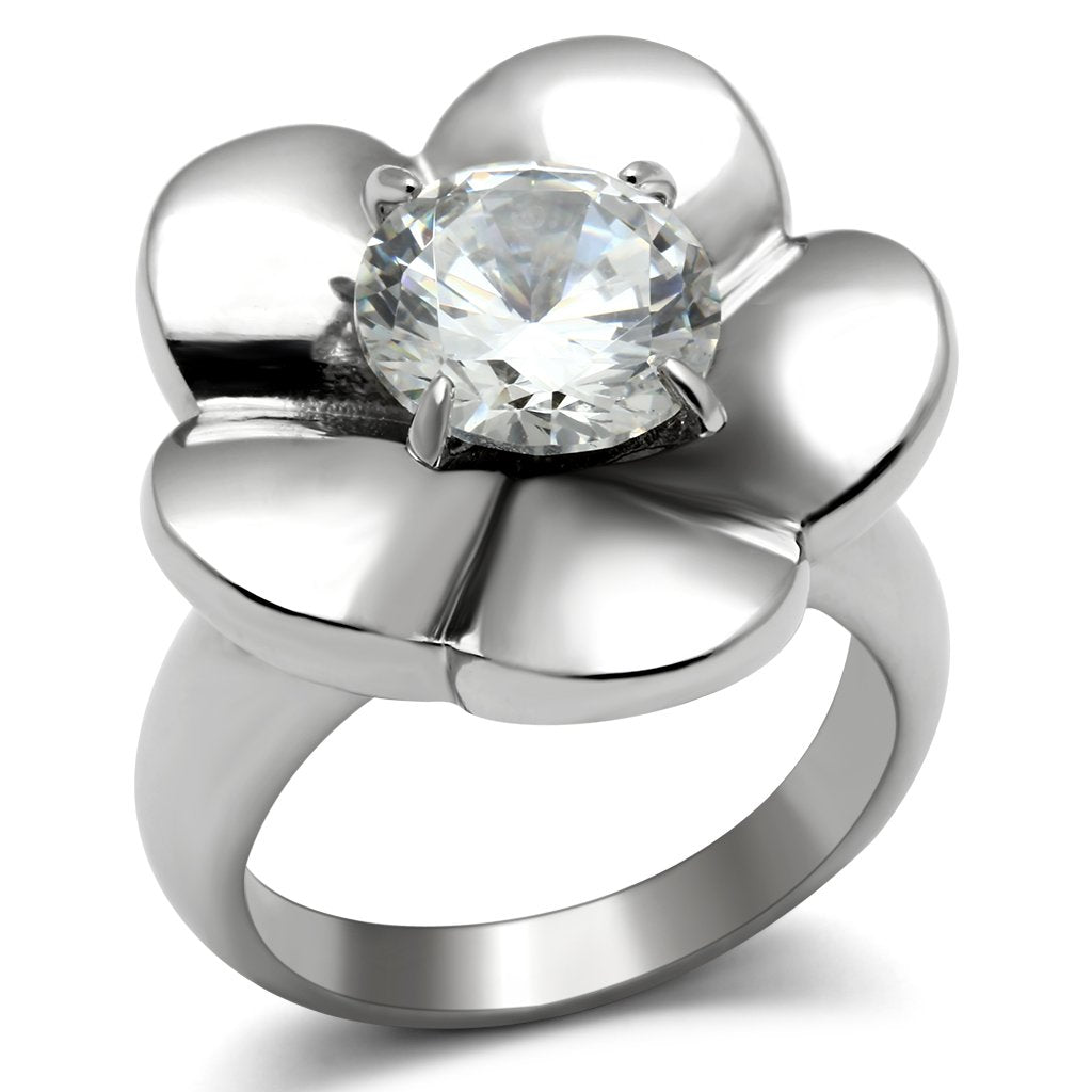 TK477 - High polished (no plating) Stainless Steel Ring with AAA Grade CZ  in Clear-0