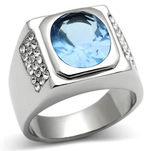 TK500 - High polished (no plating) Stainless Steel Ring with Synthetic Synthetic Glass in Light Sapphire-0