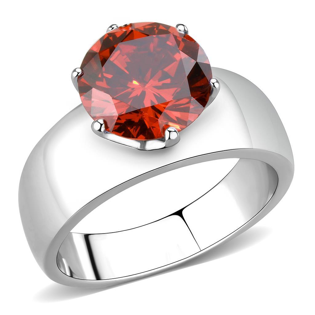 TK52001 - High polished (no plating) Stainless Steel Ring with AAA Grade CZ  in Garnet-0