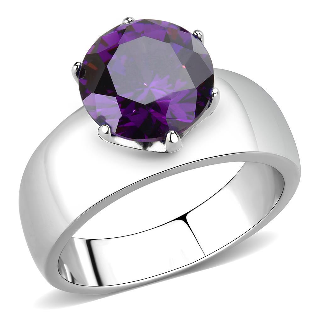 TK52002 - High polished (no plating) Stainless Steel Ring with AAA Grade CZ  in Amethyst-0