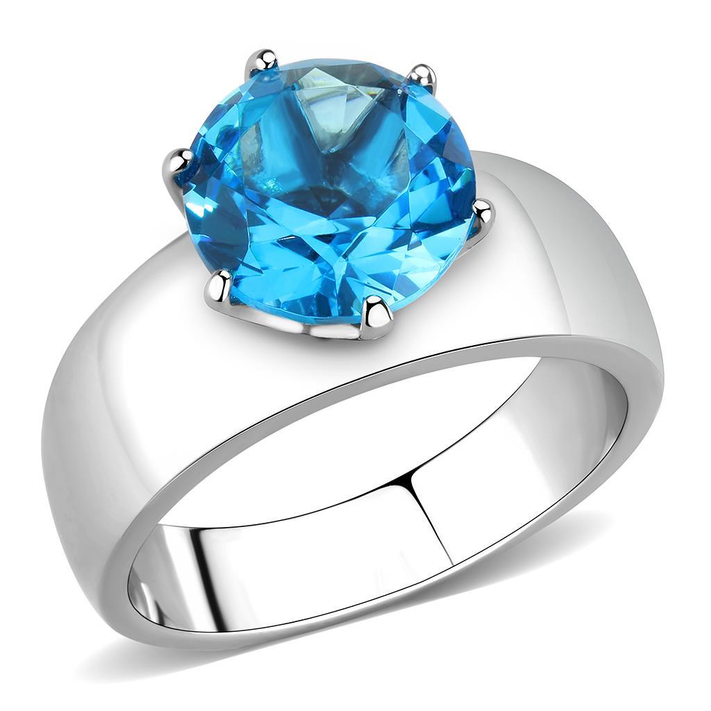 TK52003 - High polished (no plating) Stainless Steel Ring with Synthetic Synthetic Glass in Sea Blue-0