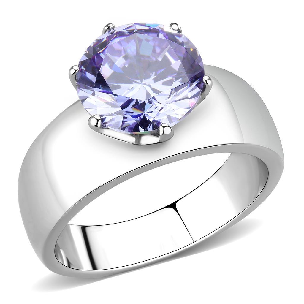 TK52006 - High polished (no plating) Stainless Steel Ring with AAA Grade CZ  in Light Amethyst-0