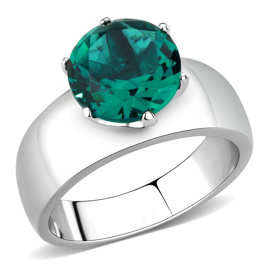 TK52012 - High polished (no plating) Stainless Steel Ring with Synthetic Synthetic Glass in Blue Zircon-0
